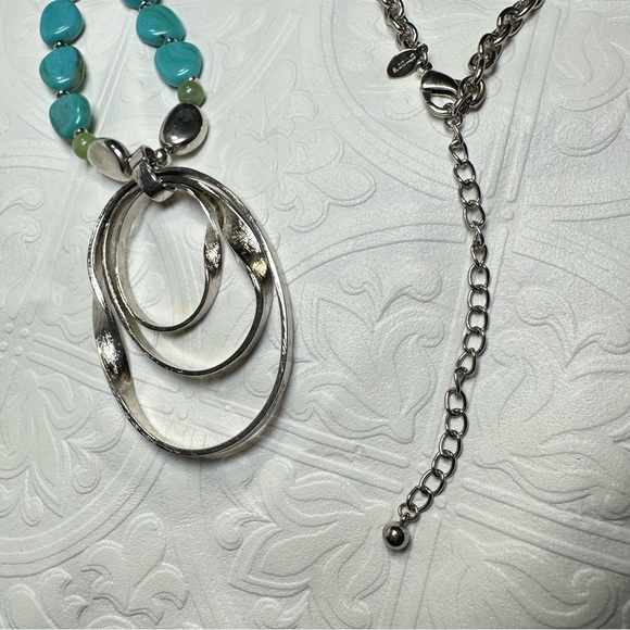 Chico's Blue and Silver Geometric Necklace Statement long Dangle pendant 0776 P - Picture 8 of 13